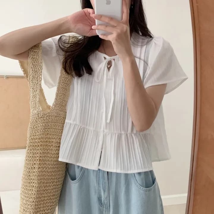 chic 한 부서 여름 부드러운 달콤함 나비 매듭 주름 장식 디자인 센스 Feifei 소매 패션 다용도 셔츠 맨위 상세 이미지 13