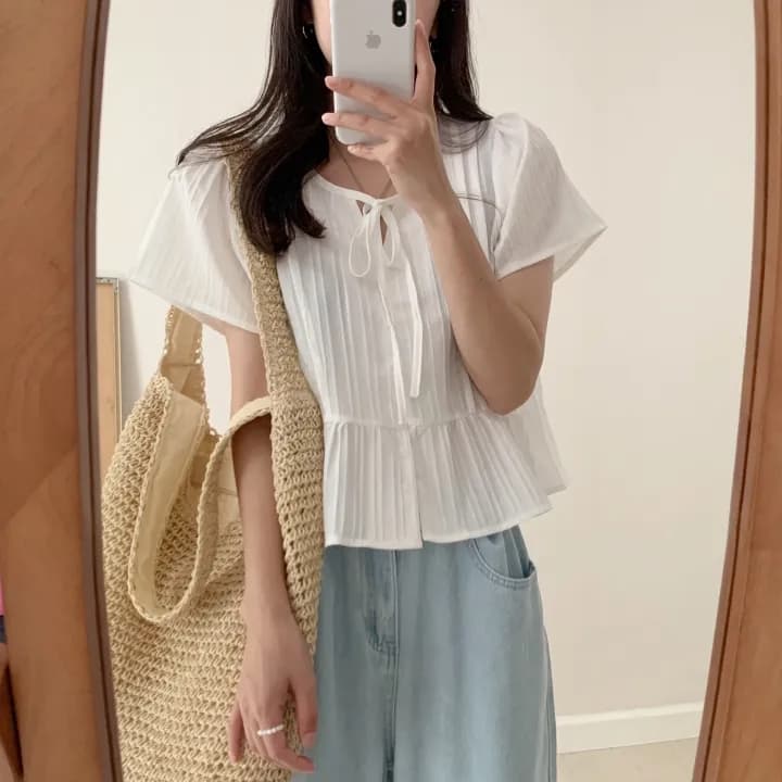 chic 한 부서 여름 부드러운 달콤함 나비 매듭 주름 장식 디자인 센스 Feifei 소매 패션 다용도 셔츠 맨위 상세 이미지 15