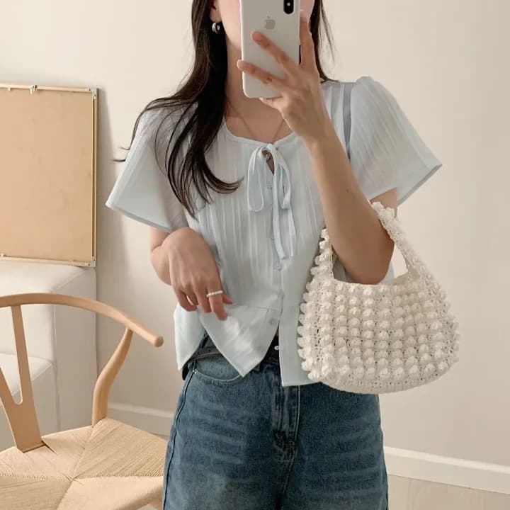 chic 한 부서 여름 부드러운 달콤함 나비 매듭 주름 장식 디자인 센스 Feifei 소매 패션 다용도 셔츠 맨위 상세 이미지 17