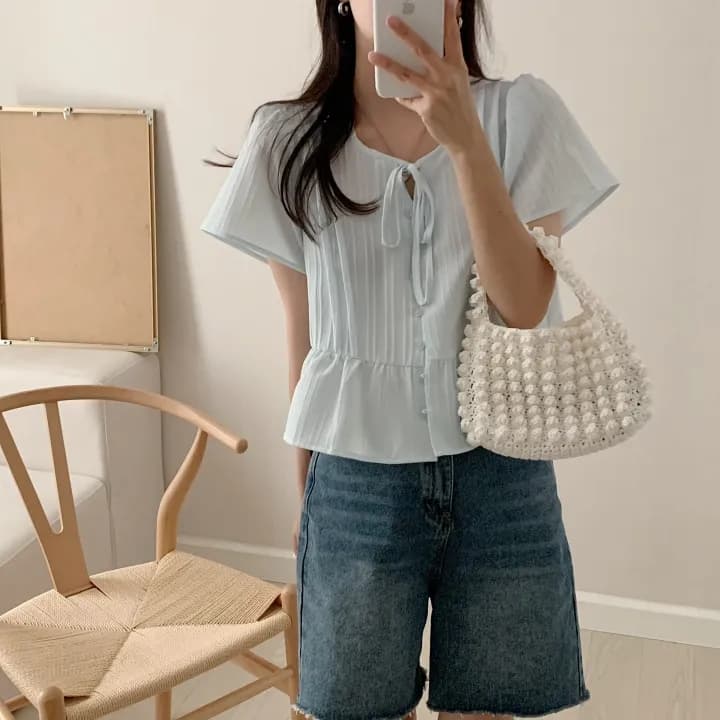 chic 한 부서 여름 부드러운 달콤함 나비 매듭 주름 장식 디자인 센스 Feifei 소매 패션 다용도 셔츠 맨위 상세 이미지 19