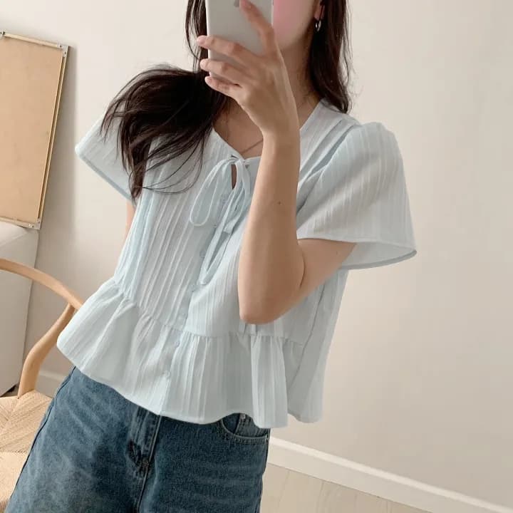 chic 한 부서 여름 부드러운 달콤함 나비 매듭 주름 장식 디자인 센스 Feifei 소매 패션 다용도 셔츠 맨위 상세 이미지 21