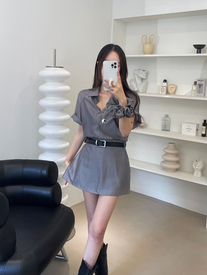 chic 한국 스타일 여름 패션 레트로 폴로 칼라 주간 실크 쉬폰 셔츠 하이웨이스트 작은 대중 랩스커트팬츠 바지 세트 이미지 2