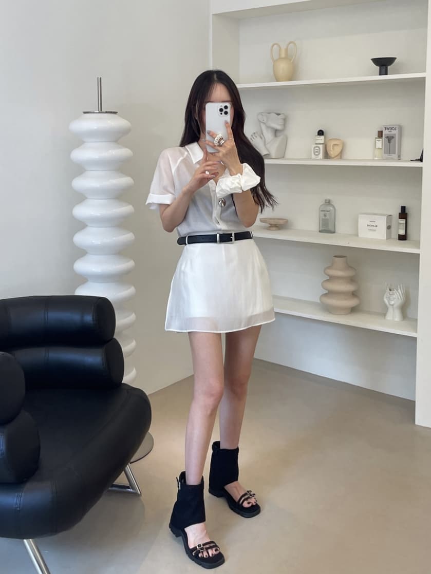 chic 한국 스타일 여름 패션 레트로 폴로 칼라 주간 실크 쉬폰 셔츠 하이웨이스트 작은 대중 랩스커트팬츠 바지 세트