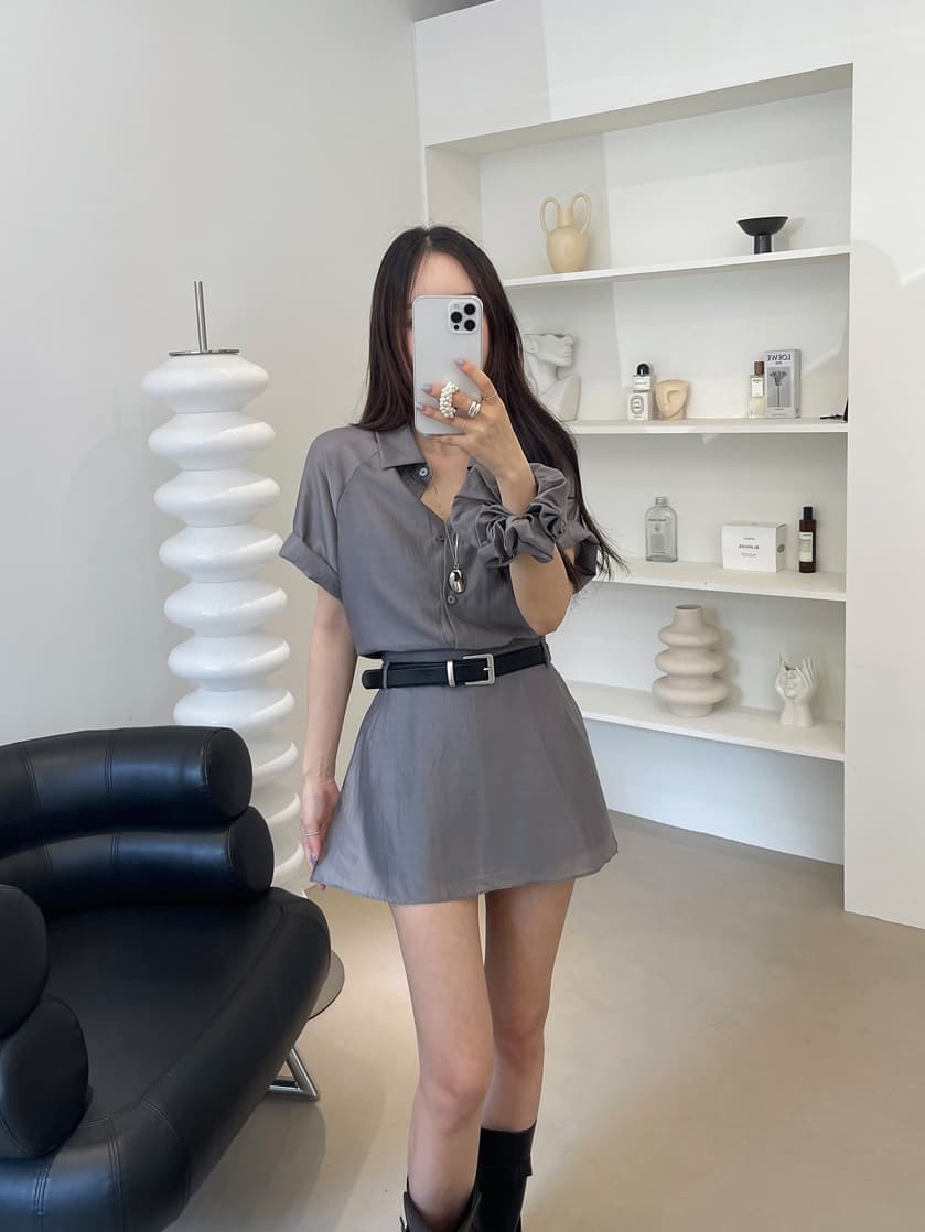 chic 한국 스타일 여름 패션 레트로 폴로 칼라 주간 실크 쉬폰 셔츠 하이웨이스트 작은 대중 랩스커트팬츠 바지 세트 상세 이미지 5