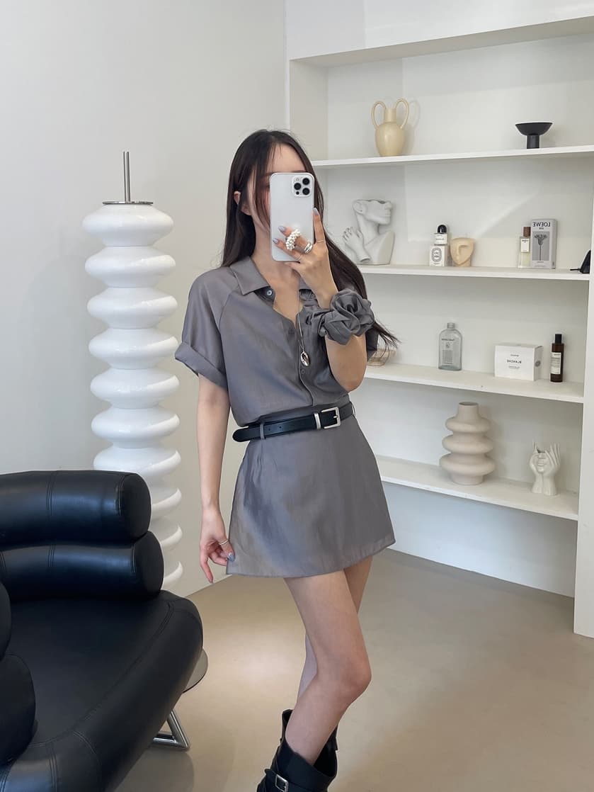 chic 한국 스타일 여름 패션 레트로 폴로 칼라 주간 실크 쉬폰 셔츠 하이웨이스트 작은 대중 랩스커트팬츠 바지 세트 상세 이미지 9