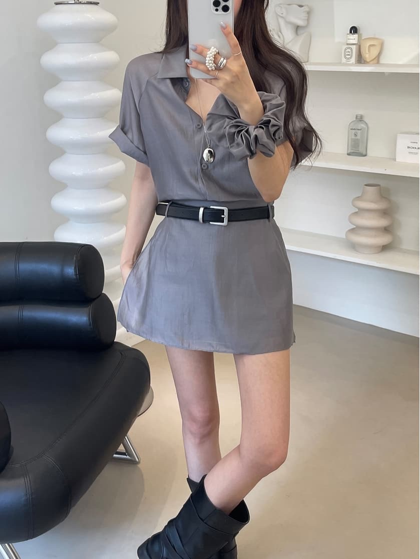 chic 한국 스타일 여름 패션 레트로 폴로 칼라 주간 실크 쉬폰 셔츠 하이웨이스트 작은 대중 랩스커트팬츠 바지 세트 상세 이미지 14