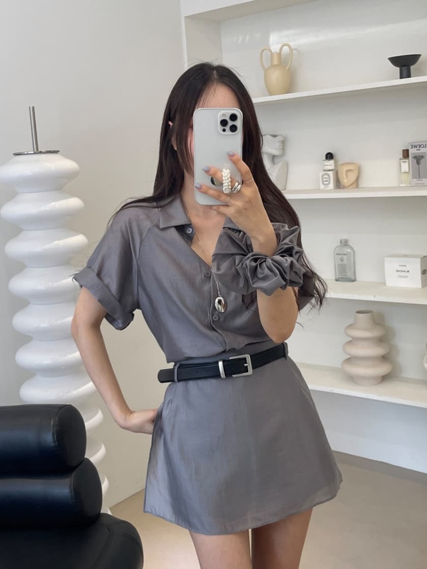 chic 한국 스타일 여름 패션 레트로 폴로 칼라 주간 실크 쉬폰 셔츠 하이웨이스트 작은 대중 랩스커트팬츠 바지 세트 상세 이미지 17