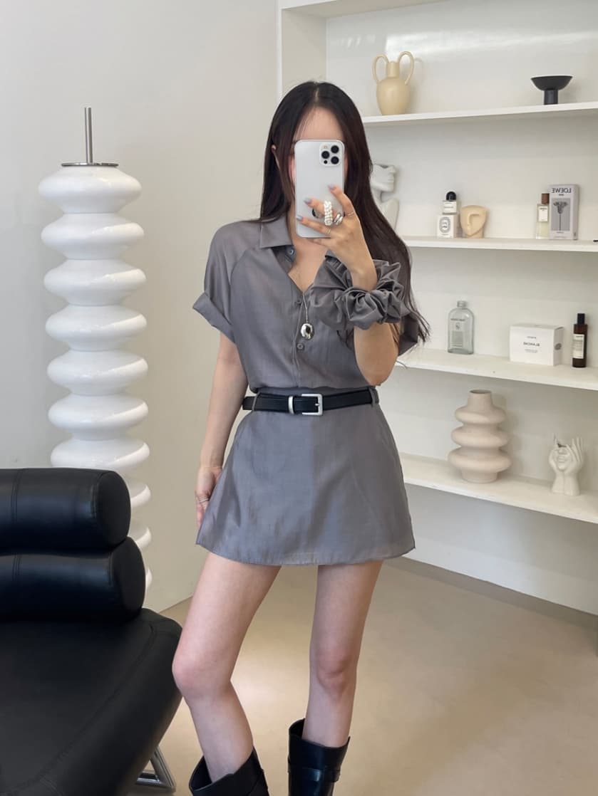 chic 한국 스타일 여름 패션 레트로 폴로 칼라 주간 실크 쉬폰 셔츠 하이웨이스트 작은 대중 랩스커트팬츠 바지 세트 상세 이미지 21