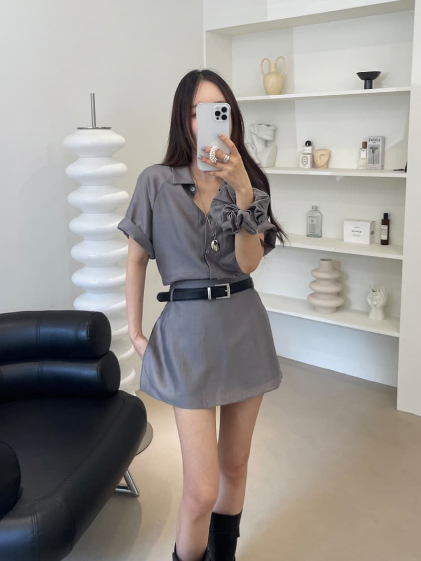 chic 한국 스타일 여름 패션 레트로 폴로 칼라 주간 실크 쉬폰 셔츠 하이웨이스트 작은 대중 랩스커트팬츠 바지 세트 상세 이미지 22