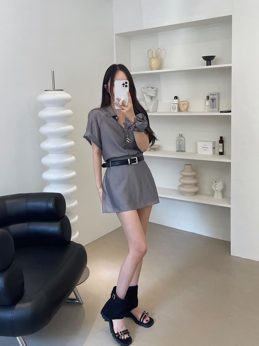 chic 한국 스타일 여름 패션 레트로 폴로 칼라 주간 실크 쉬폰 셔츠 하이웨이스트 작은 대중 랩스커트팬츠 바지 세트 상세 이미지 23