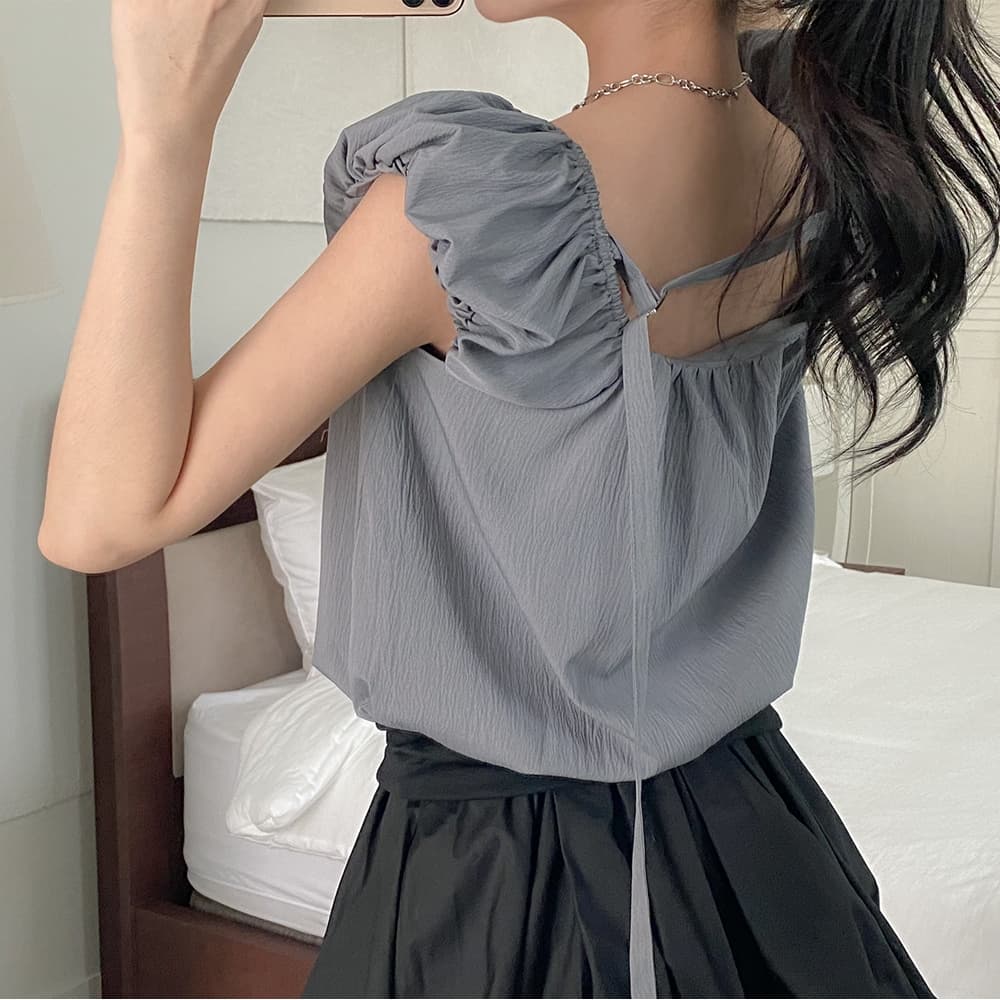 chic 한국 스타일 여름 작은 대중 품격 달콤한 미국 칼라 레이스업 거품 소매 인형 셔츠 꽃밭 셔츠 맨위 이미지 3
