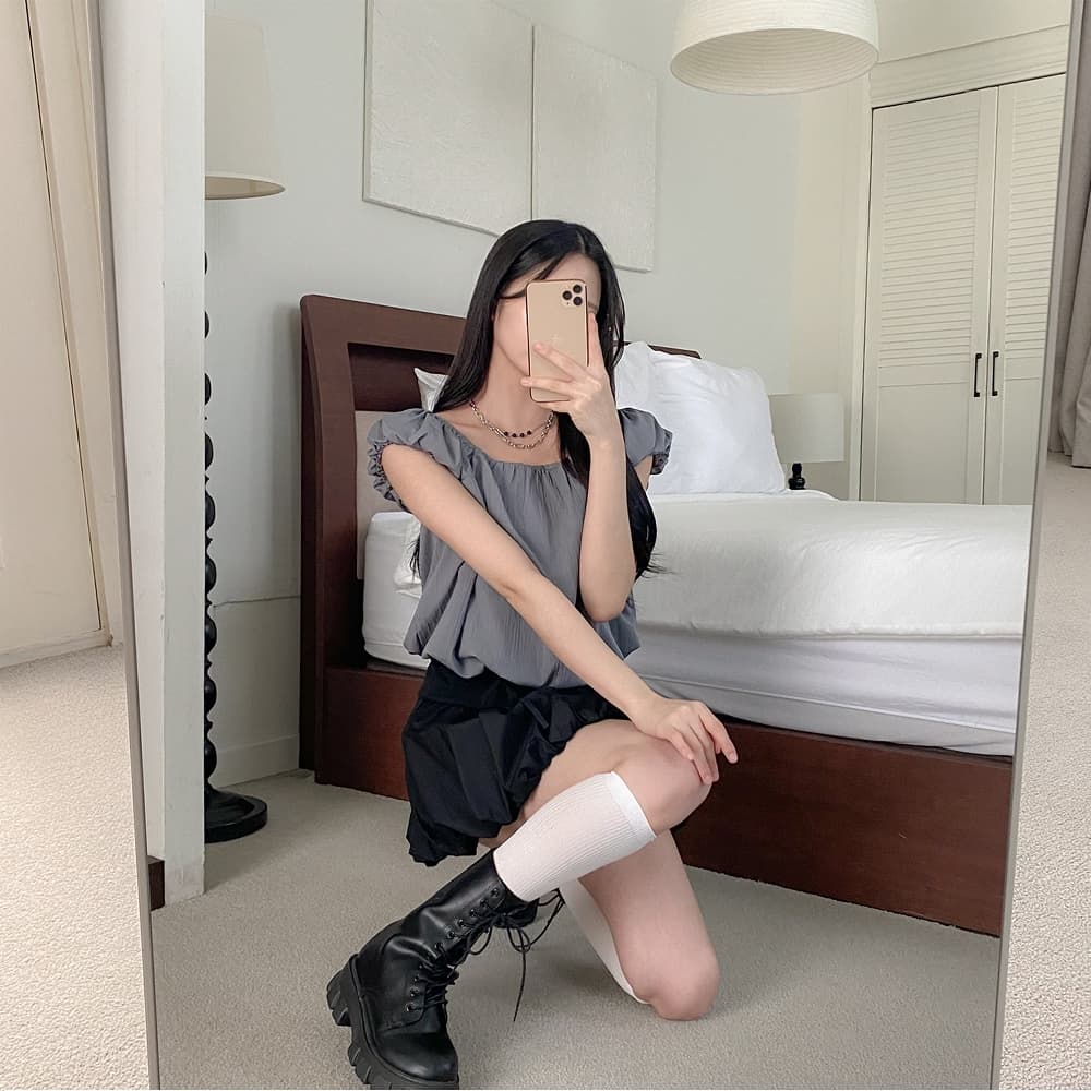 chic 한국 스타일 여름 작은 대중 품격 달콤한 미국 칼라 레이스업 거품 소매 인형 셔츠 꽃밭 셔츠 맨위 상세 이미지 15