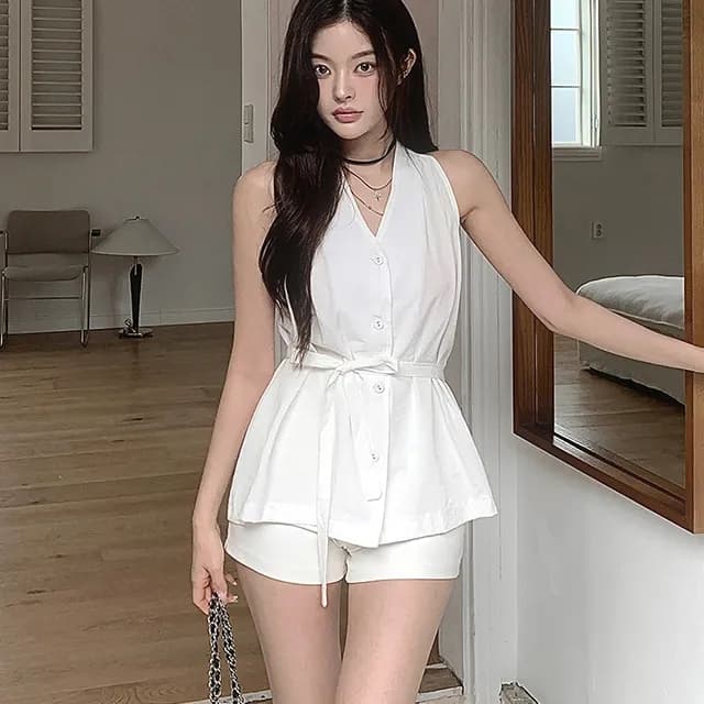 ins 한국 여름 프랑스식 품격 우아함 V넥 고급 센스 행침 목 허리 수축 조끼 베스트 셔츠 맨위 이미지 3
