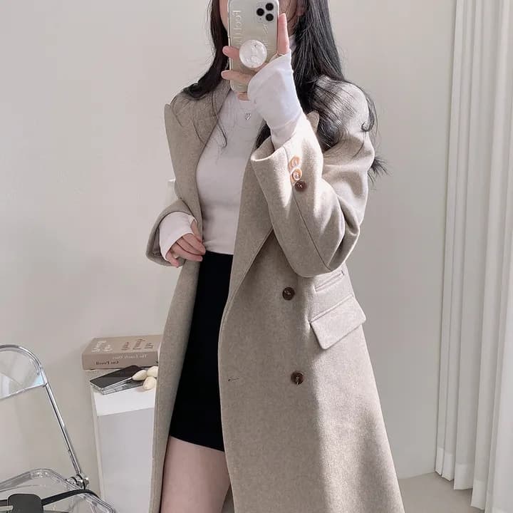 chic 가을 겨울 빛 럭셔리 패션 대기 정장 칼라 이중 버튼 중간 길이 무릎 아래 정장 모직 외투 상세 이미지 4