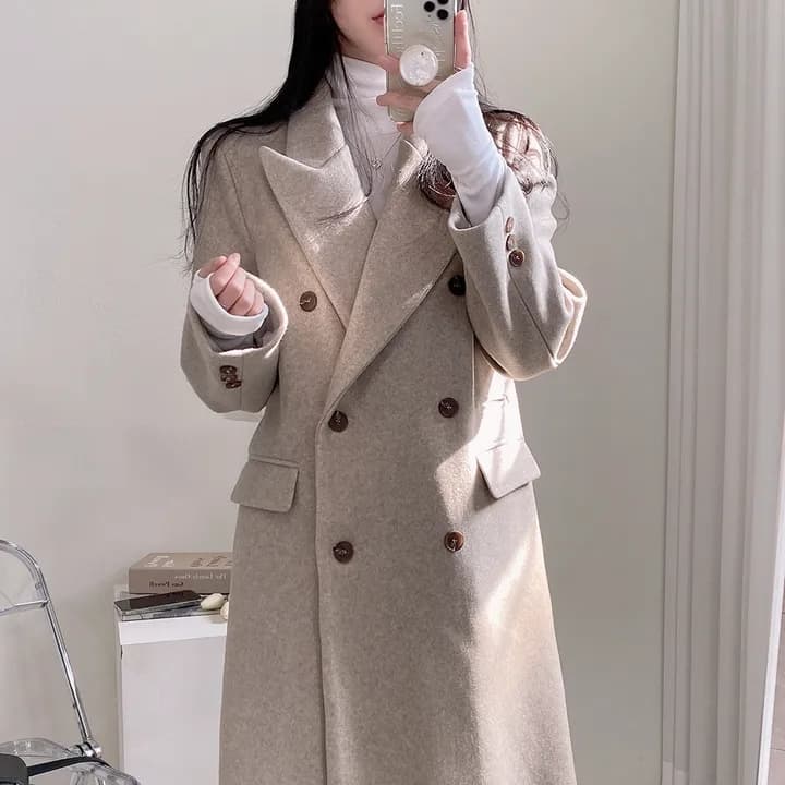 chic 가을 겨울 빛 럭셔리 패션 대기 정장 칼라 이중 버튼 중간 길이 무릎 아래 정장 모직 외투 상세 이미지 12