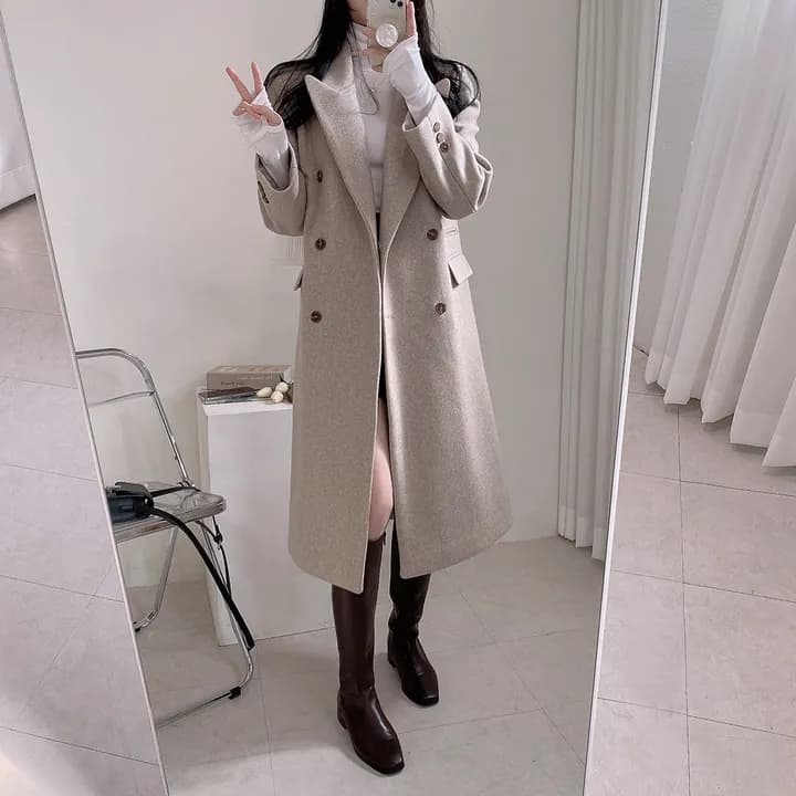 chic 가을 겨울 빛 럭셔리 패션 대기 정장 칼라 이중 버튼 중간 길이 무릎 아래 정장 모직 외투 상세 이미지 14