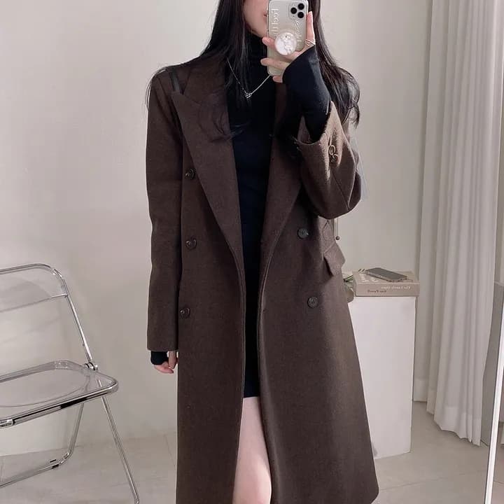 chic 가을 겨울 빛 럭셔리 패션 대기 정장 칼라 이중 버튼 중간 길이 무릎 아래 정장 모직 외투 상세 이미지 20