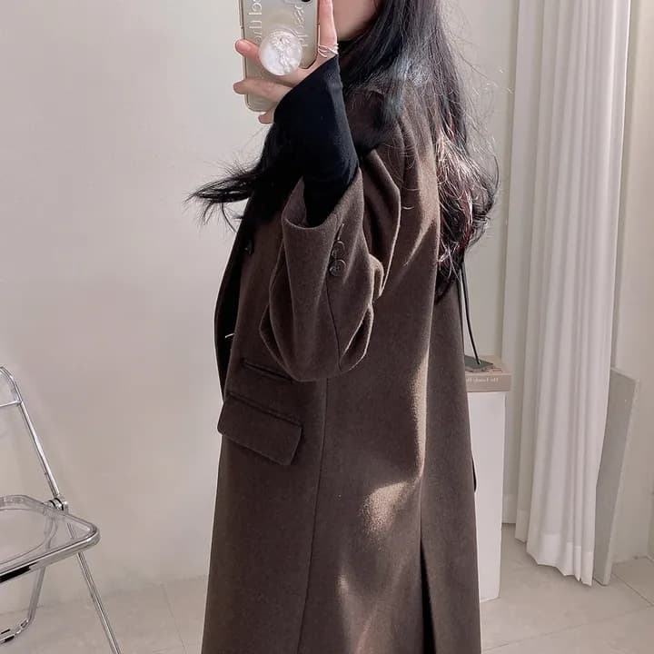 chic 가을 겨울 빛 럭셔리 패션 대기 정장 칼라 이중 버튼 중간 길이 무릎 아래 정장 모직 외투 상세 이미지 25