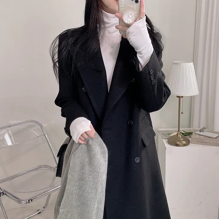 chic 가을 겨울 빛 럭셔리 패션 대기 정장 칼라 이중 버튼 중간 길이 무릎 아래 정장 모직 외투 상세 이미지 28