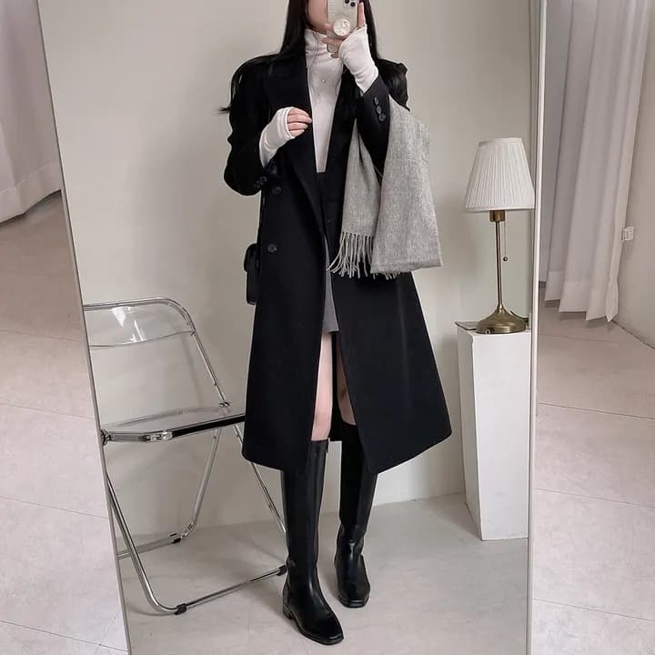 chic 가을 겨울 빛 럭셔리 패션 대기 정장 칼라 이중 버튼 중간 길이 무릎 아래 정장 모직 외투 상세 이미지 37