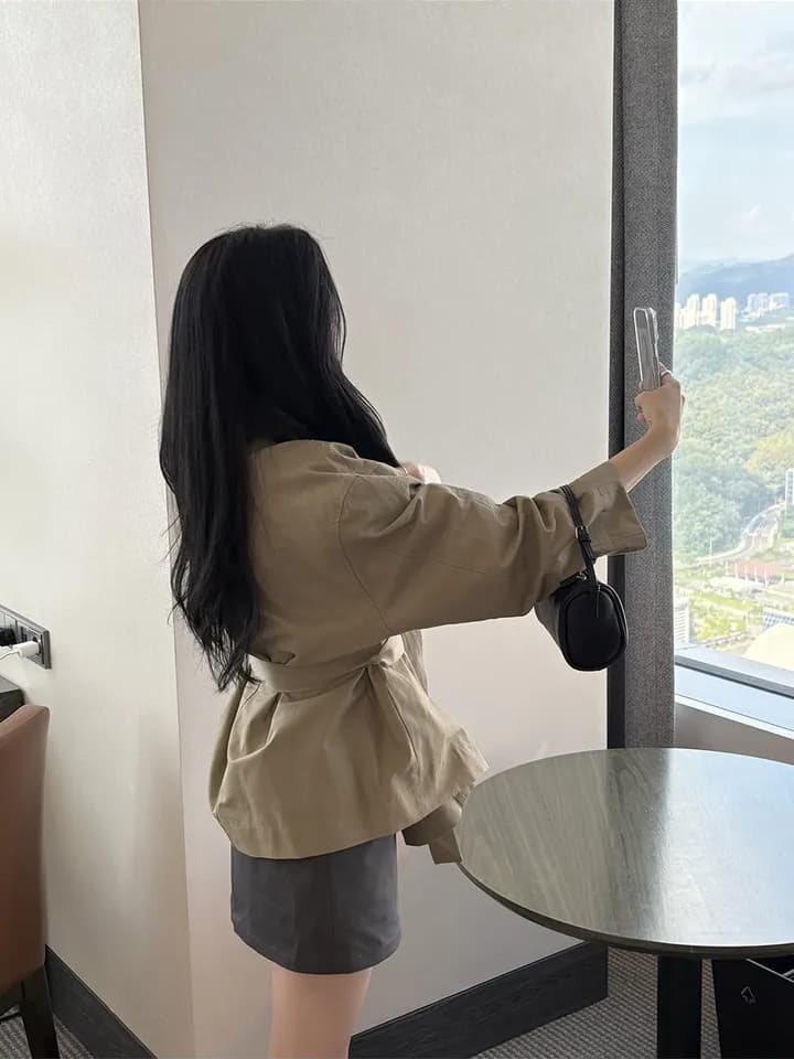 chic 한국 스타일 봄 미니멀리즘 고급 센스 영국식 바람 스탠드 칼라 루즈핏 레이스업 다용도 쇼트 스타일 재킷 재킷 상세 이미지 2