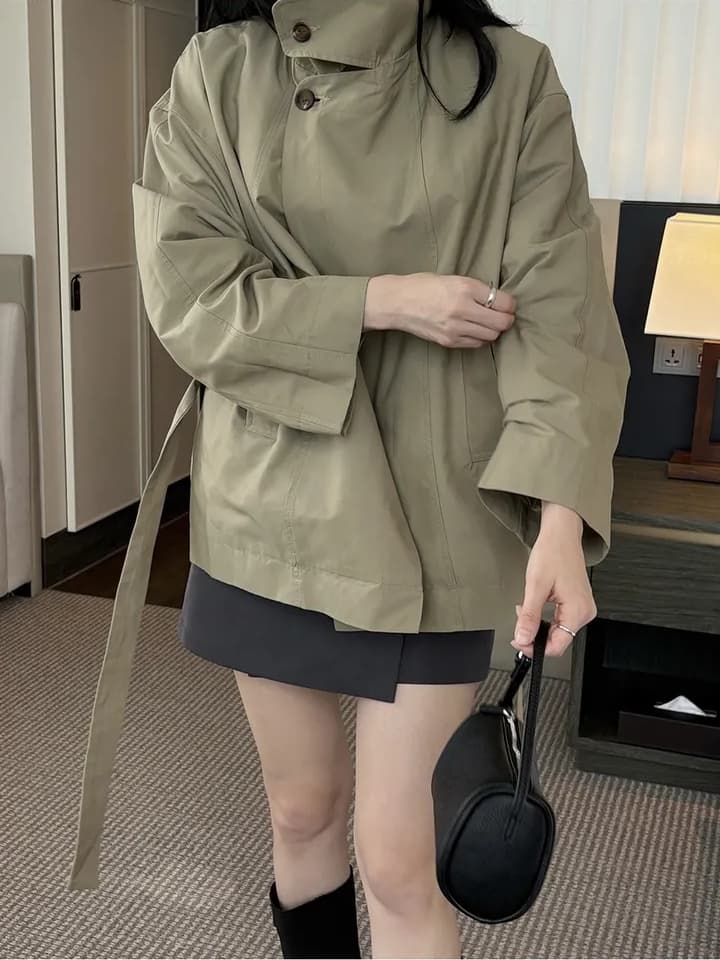chic 한국 스타일 봄 미니멀리즘 고급 센스 영국식 바람 스탠드 칼라 루즈핏 레이스업 다용도 쇼트 스타일 재킷 재킷 상세 이미지 3