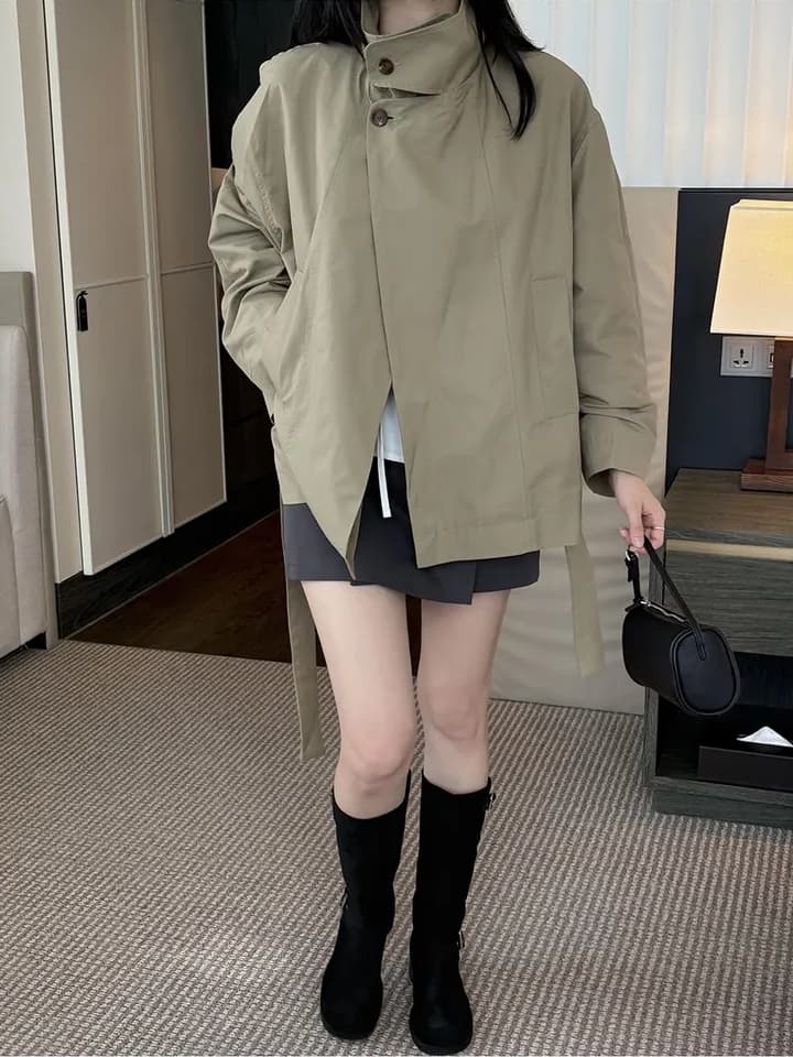 chic 한국 스타일 봄 미니멀리즘 고급 센스 영국식 바람 스탠드 칼라 루즈핏 레이스업 다용도 쇼트 스타일 재킷 재킷 상세 이미지 11