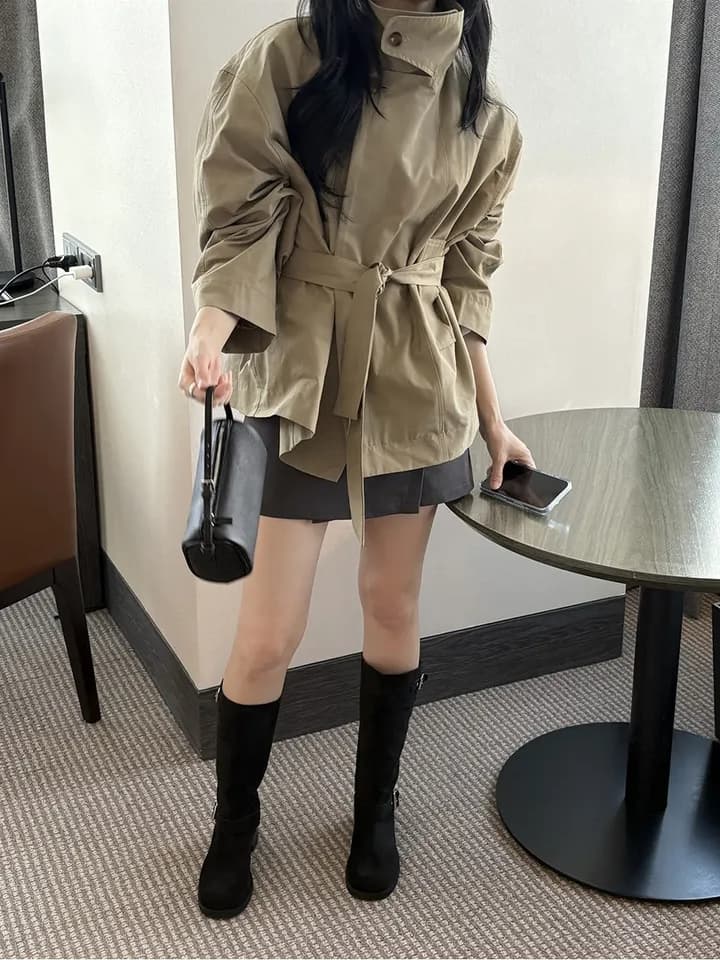 chic 한국 스타일 봄 미니멀리즘 고급 센스 영국식 바람 스탠드 칼라 루즈핏 레이스업 다용도 쇼트 스타일 재킷 재킷 상세 이미지 14