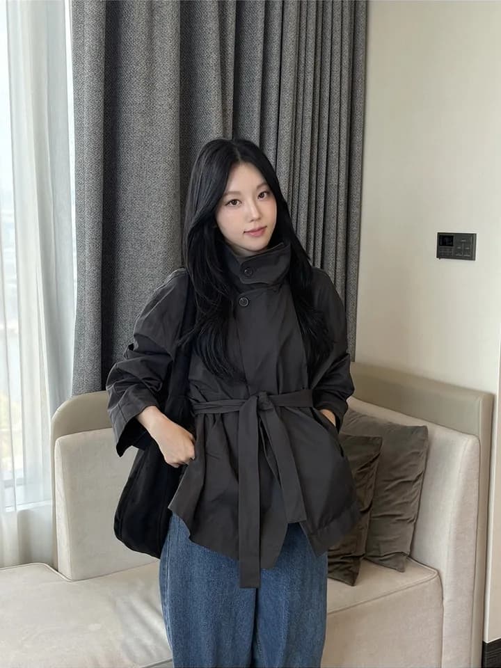chic 한국 스타일 봄 미니멀리즘 고급 센스 영국식 바람 스탠드 칼라 루즈핏 레이스업 다용도 쇼트 스타일 재킷 재킷 상세 이미지 22