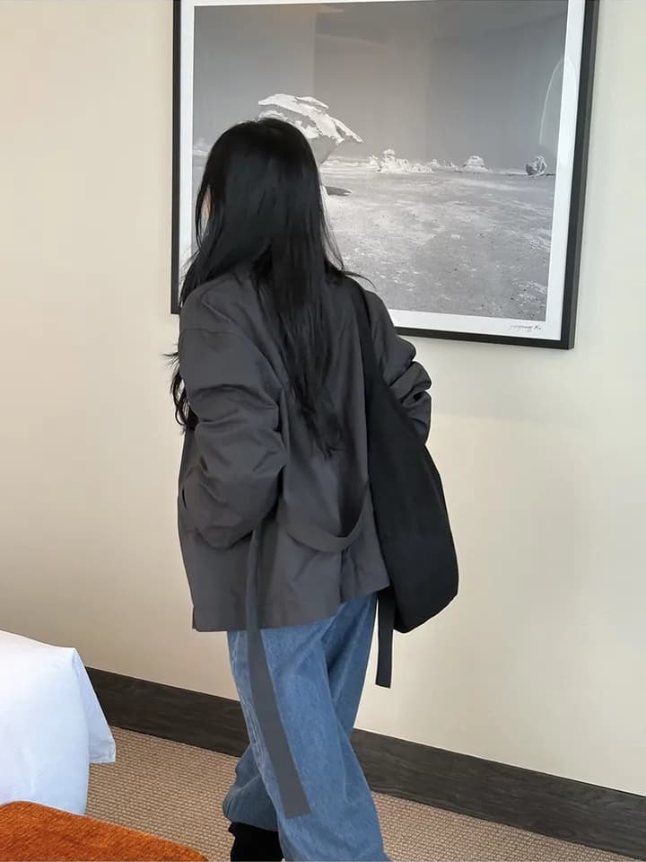 chic 한국 스타일 봄 미니멀리즘 고급 센스 영국식 바람 스탠드 칼라 루즈핏 레이스업 다용도 쇼트 스타일 재킷 재킷 상세 이미지 26