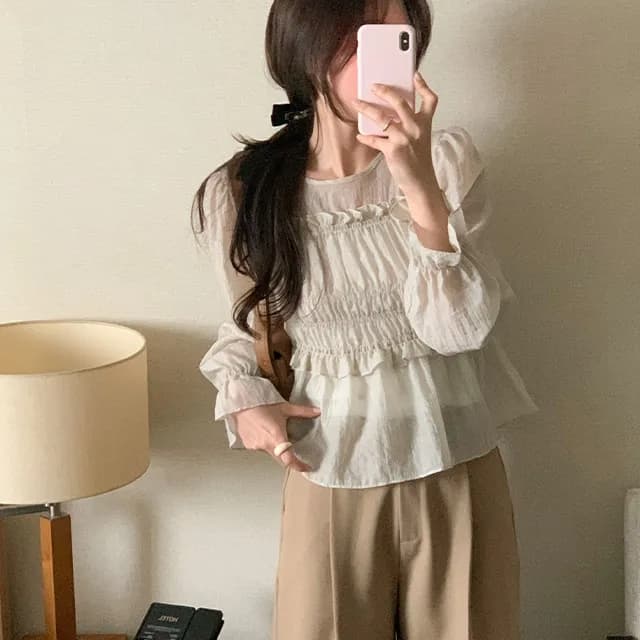 한 부서 봄 프랑스식 부드러운 달콤함 프릴 주름 장식 허리 수축 슬림해 보이는 연꽃 잎 소매 얇은 스타일 쉬폰 블라우스 맨위 이미지 2