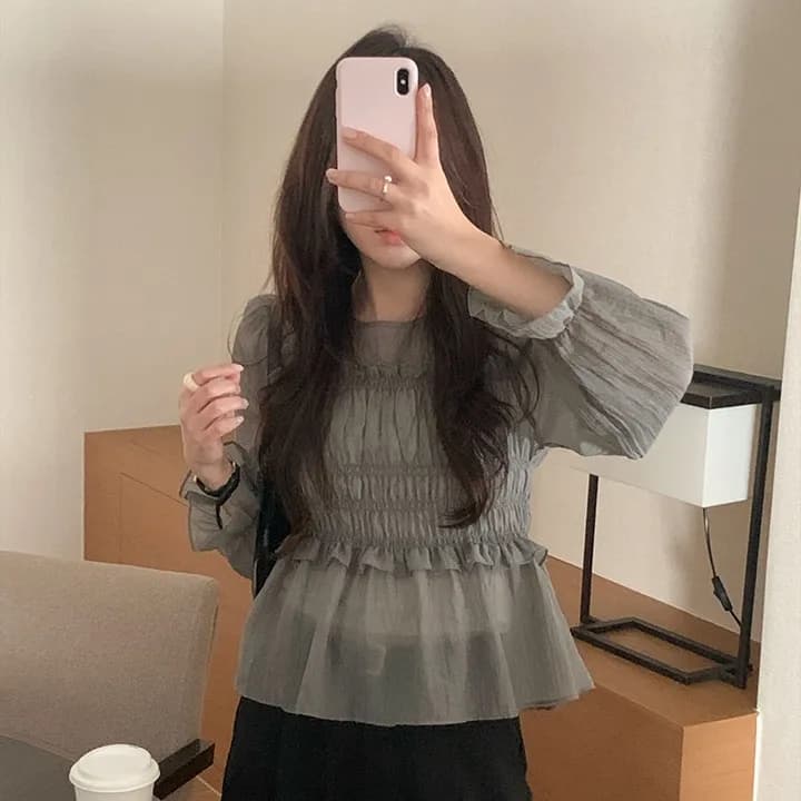 한 부서 봄 프랑스식 부드러운 달콤함 프릴 주름 장식 허리 수축 슬림해 보이는 연꽃 잎 소매 얇은 스타일 쉬폰 블라우스 맨위