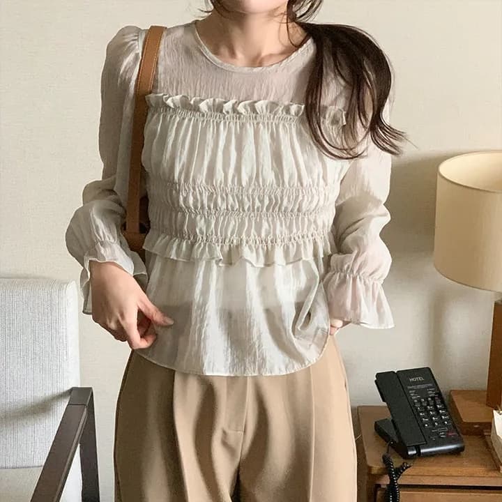 한 부서 봄 프랑스식 부드러운 달콤함 프릴 주름 장식 허리 수축 슬림해 보이는 연꽃 잎 소매 얇은 스타일 쉬폰 블라우스 맨위 이미지 4
