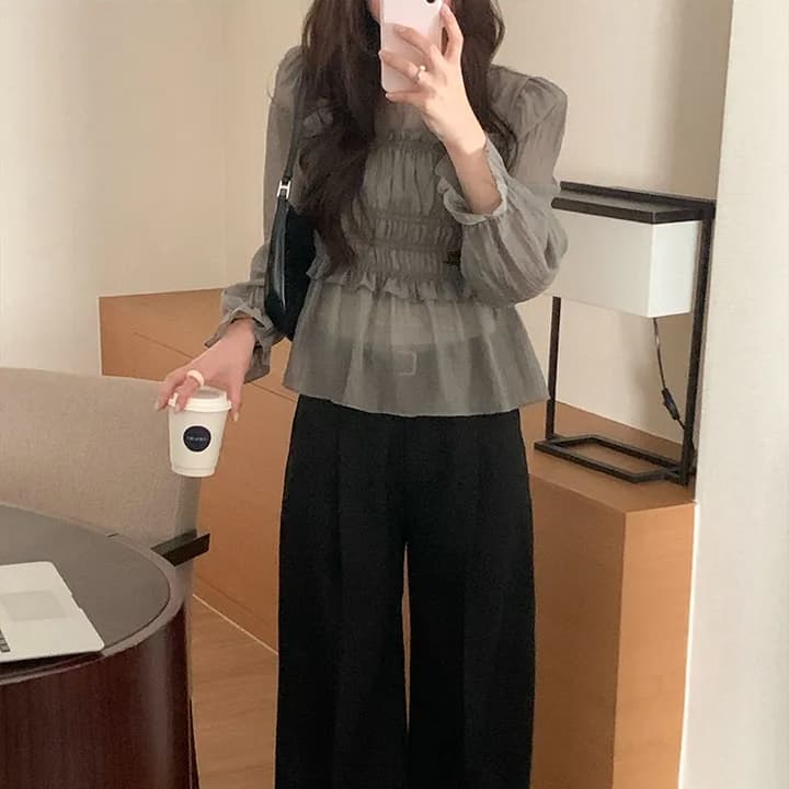 한 부서 봄 프랑스식 부드러운 달콤함 프릴 주름 장식 허리 수축 슬림해 보이는 연꽃 잎 소매 얇은 스타일 쉬폰 블라우스 맨위 이미지 3