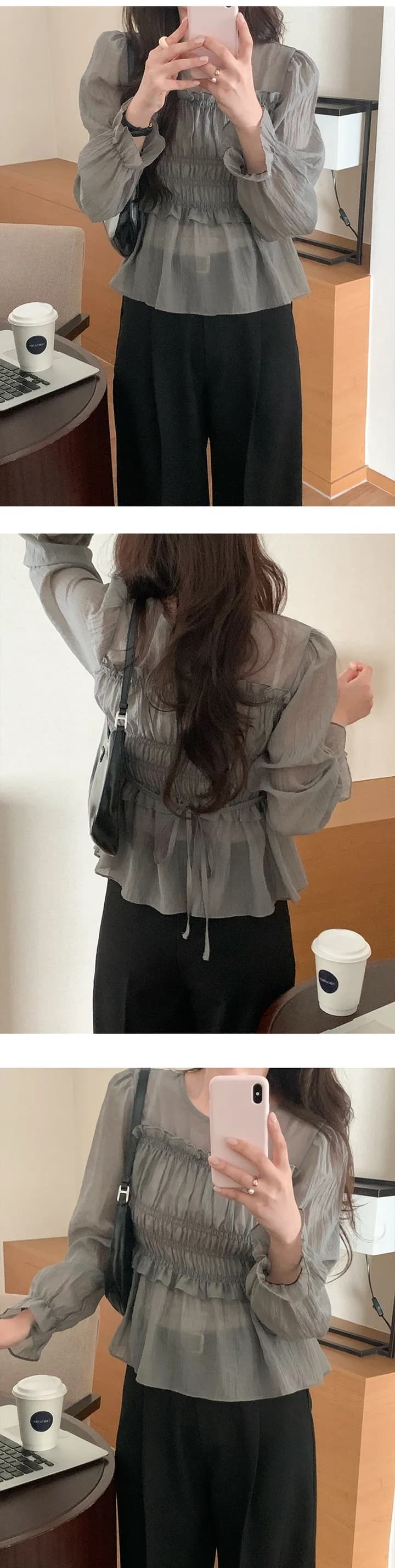 한 부서 봄 프랑스식 부드러운 달콤함 프릴 주름 장식 허리 수축 슬림해 보이는 연꽃 잎 소매 얇은 스타일 쉬폰 블라우스 맨위 상세 이미지 2