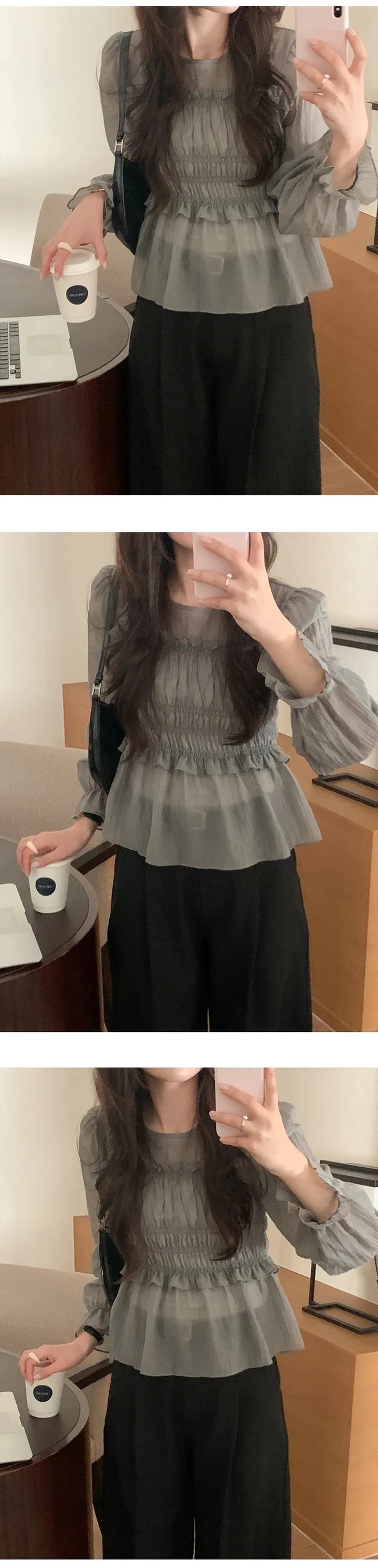 한 부서 봄 프랑스식 부드러운 달콤함 프릴 주름 장식 허리 수축 슬림해 보이는 연꽃 잎 소매 얇은 스타일 쉬폰 블라우스 맨위 상세 이미지 3
