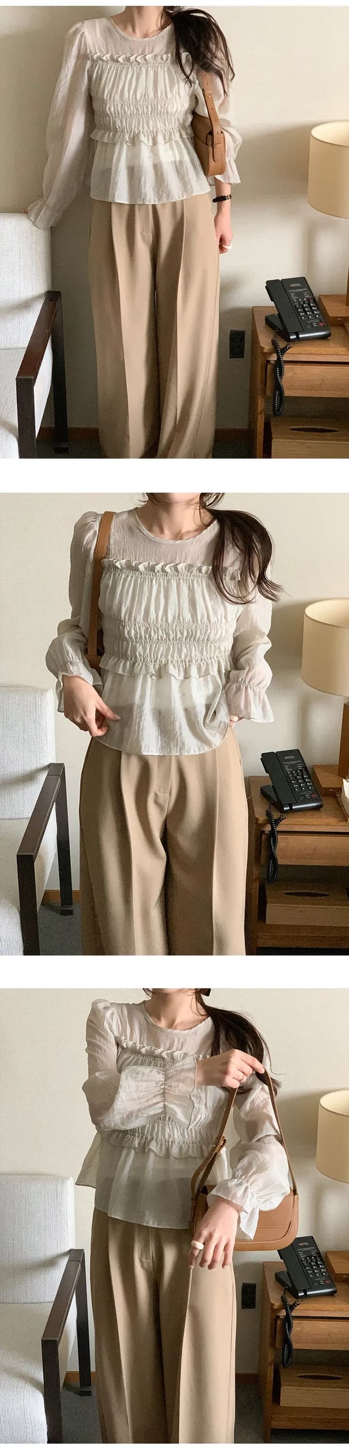 한 부서 봄 프랑스식 부드러운 달콤함 프릴 주름 장식 허리 수축 슬림해 보이는 연꽃 잎 소매 얇은 스타일 쉬폰 블라우스 맨위 상세 이미지 5
