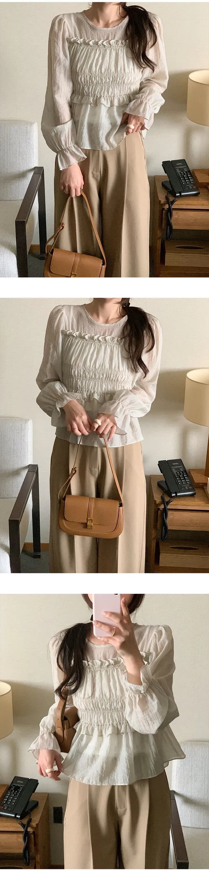 한 부서 봄 프랑스식 부드러운 달콤함 프릴 주름 장식 허리 수축 슬림해 보이는 연꽃 잎 소매 얇은 스타일 쉬폰 블라우스 맨위 상세 이미지 6