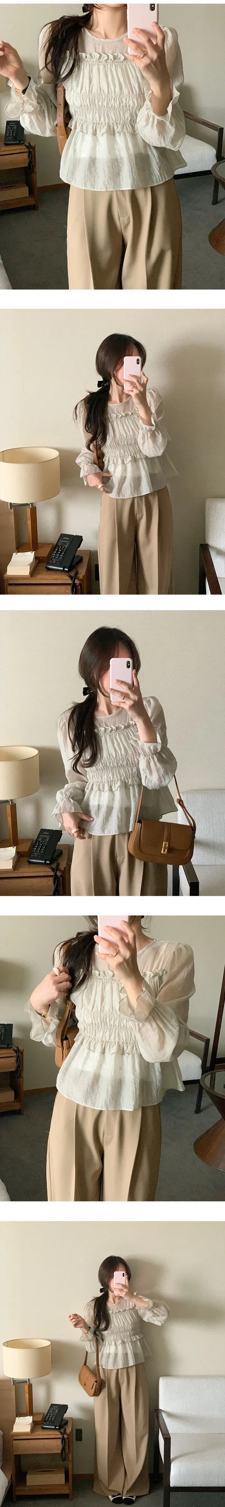 한 부서 봄 프랑스식 부드러운 달콤함 프릴 주름 장식 허리 수축 슬림해 보이는 연꽃 잎 소매 얇은 스타일 쉬폰 블라우스 맨위 상세 이미지 7