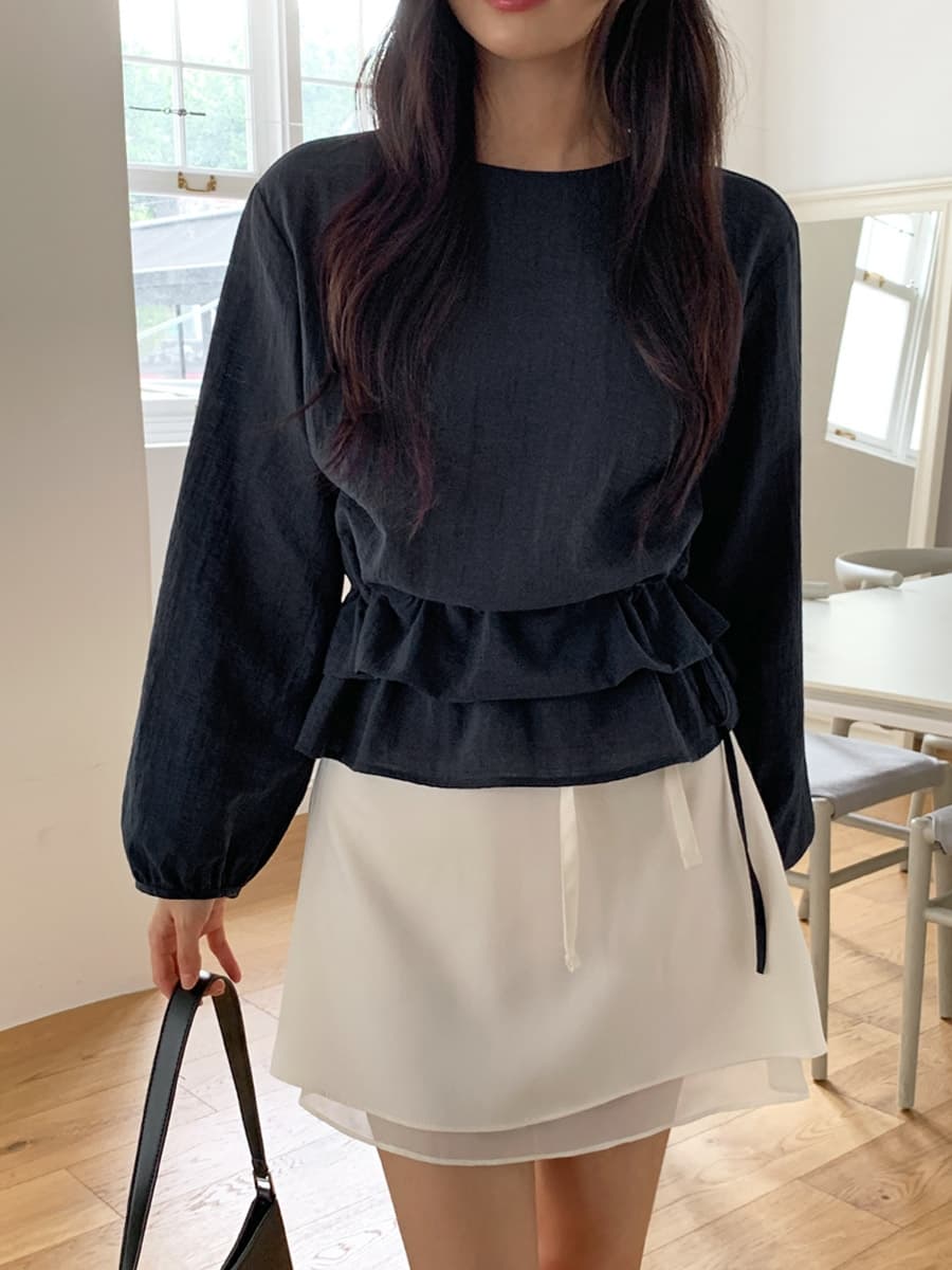 한 부서 이른 봄 미니멀리즘 Chic 작은 대중 연꽃 잎 이중층 디자인 센스 펌프 로프 허리 수축 스택 착용 다용도 셔츠 맨위 이미지 2