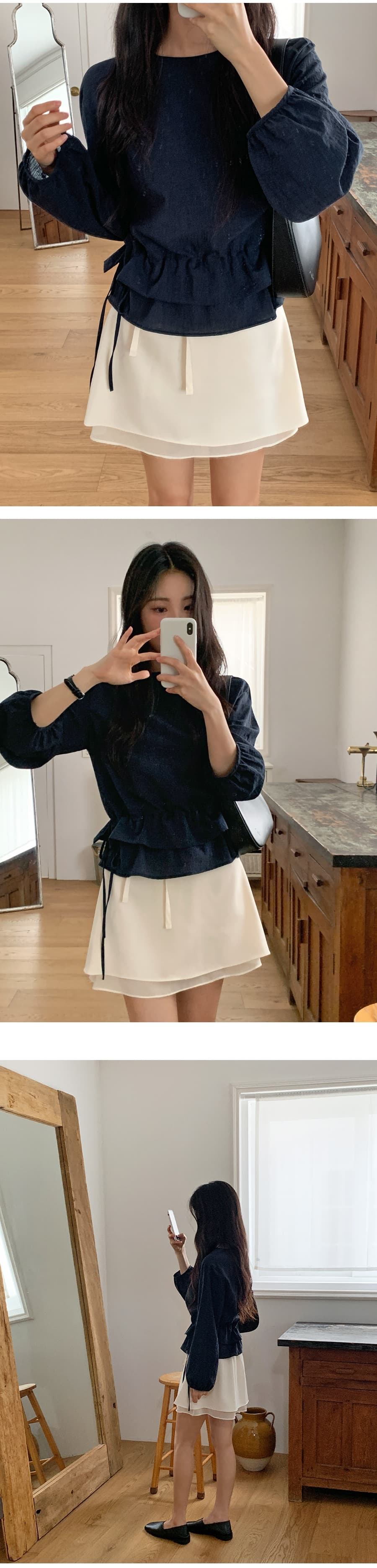 한 부서 이른 봄 미니멀리즘 Chic 작은 대중 연꽃 잎 이중층 디자인 센스 펌프 로프 허리 수축 스택 착용 다용도 셔츠 맨위 상세 이미지 5