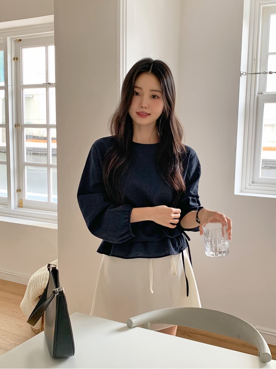 한 부서 이른 봄 미니멀리즘 Chic 작은 대중 연꽃 잎 이중층 디자인 센스 펌프 로프 허리 수축 스택 착용 다용도 셔츠 맨위 상세 이미지 8