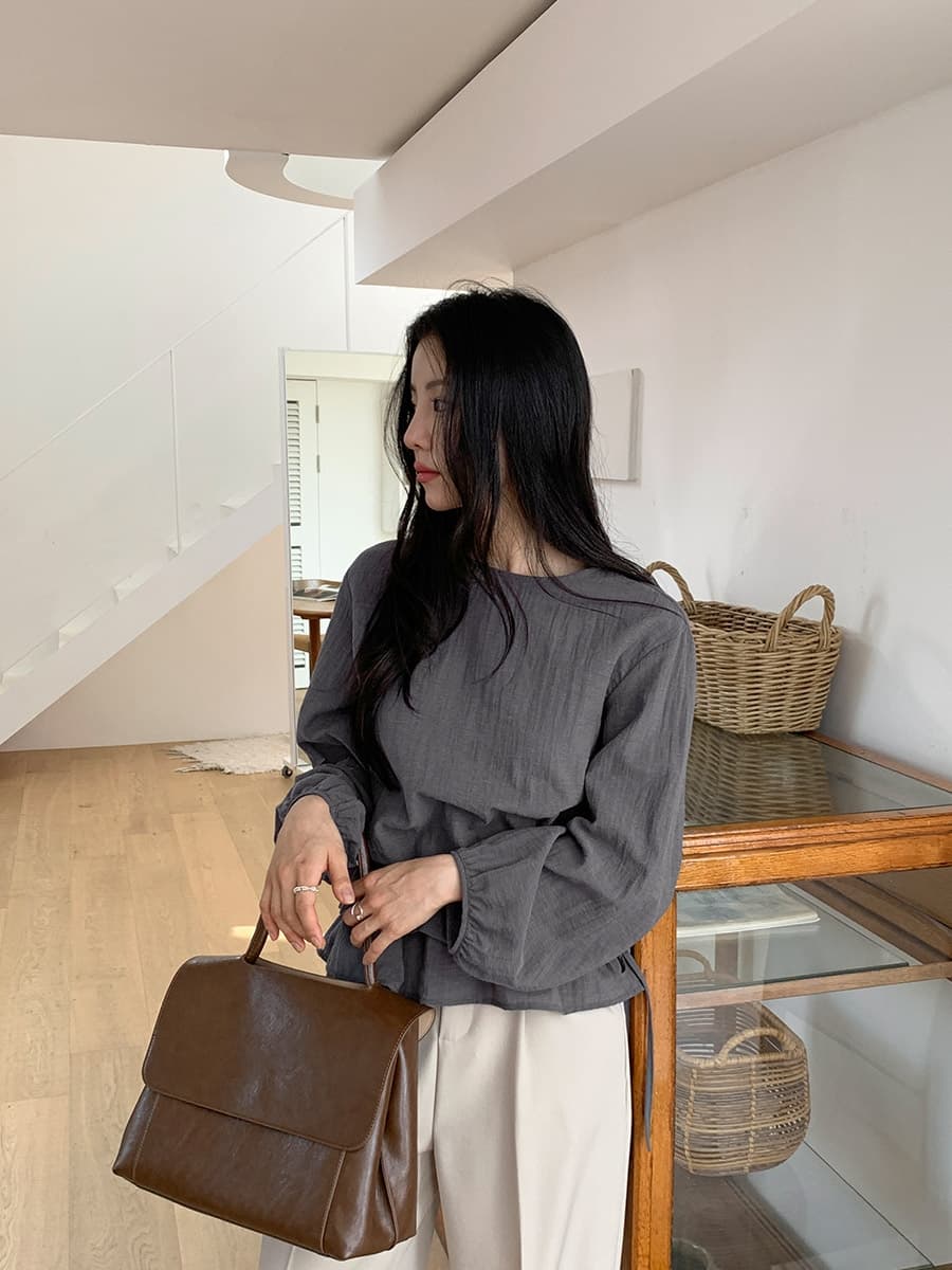 한 부서 이른 봄 미니멀리즘 Chic 작은 대중 연꽃 잎 이중층 디자인 센스 펌프 로프 허리 수축 스택 착용 다용도 셔츠 맨위 상세 이미지 13