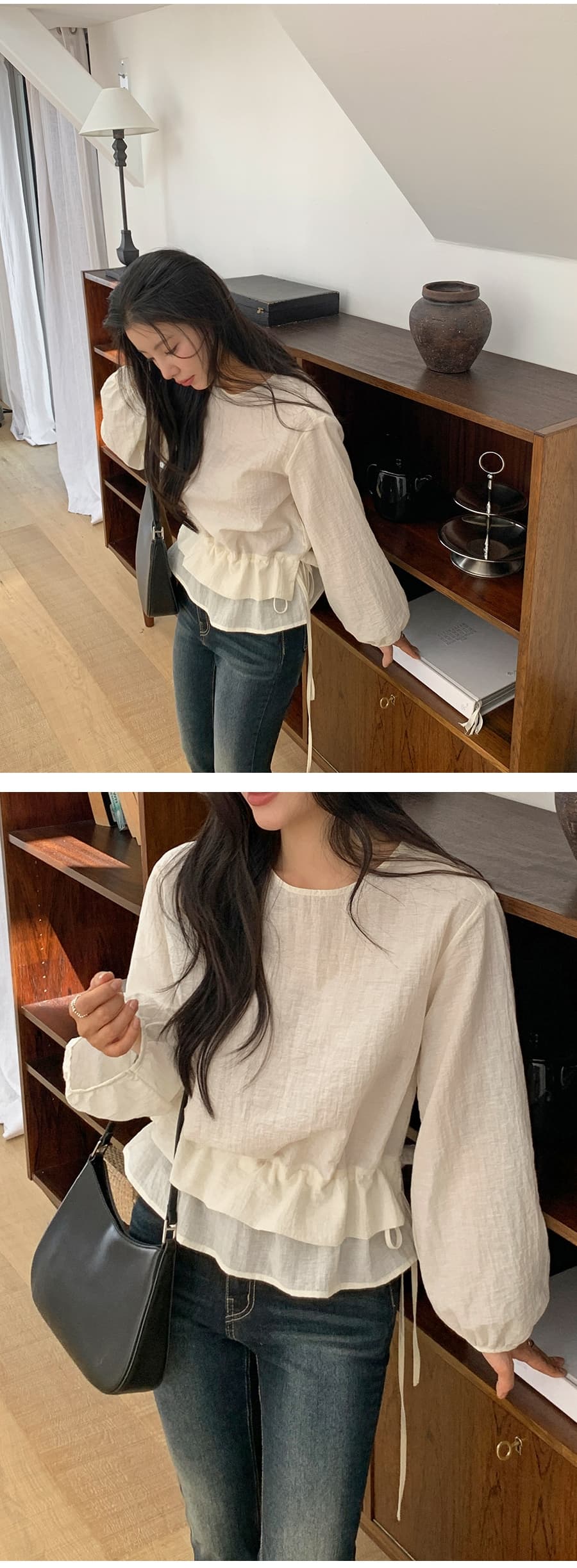 한 부서 이른 봄 미니멀리즘 Chic 작은 대중 연꽃 잎 이중층 디자인 센스 펌프 로프 허리 수축 스택 착용 다용도 셔츠 맨위 상세 이미지 21
