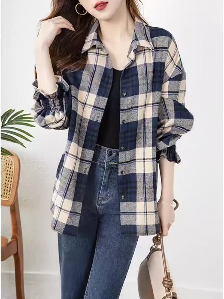 한국 스타일 루즈핏 캐주얼 POLO 칼라 체크무늬 여성 셔츠 디자인 센스 레이스 커프스 긴팔 싱글 줄 버튼 외부 잡아라. 의류 상세 이미지 2