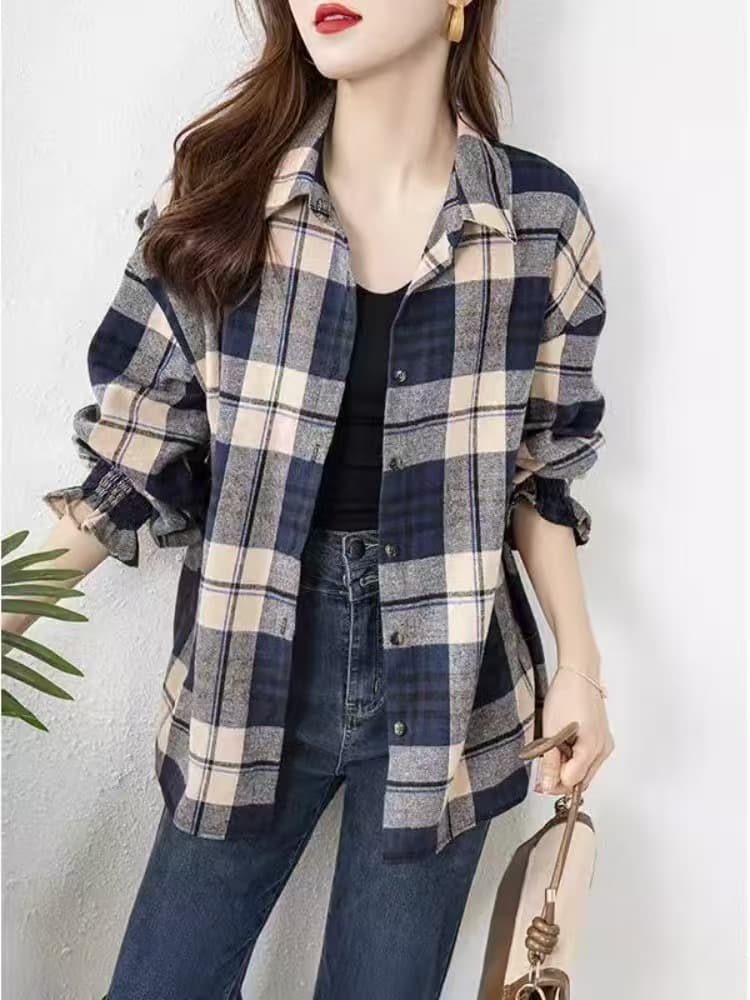 한국 스타일 루즈핏 캐주얼 POLO 칼라 체크무늬 여성 셔츠 디자인 센스 레이스 커프스 긴팔 싱글 줄 버튼 외부 잡아라. 의류 상세 이미지 3