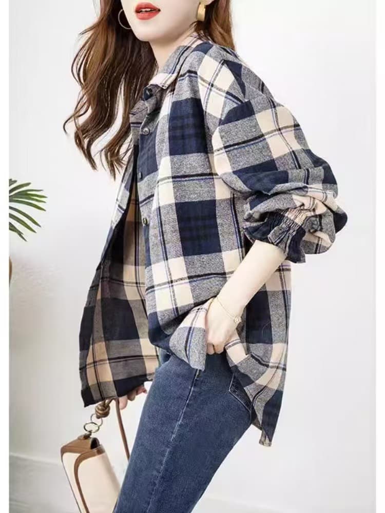 한국 스타일 루즈핏 캐주얼 POLO 칼라 체크무늬 여성 셔츠 디자인 센스 레이스 커프스 긴팔 싱글 줄 버튼 외부 잡아라. 의류 상세 이미지 4