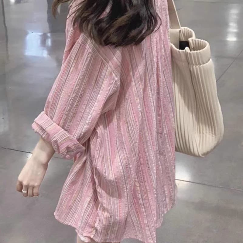 면 린넨 얇은 스트립 셔츠 느긋한 디자인 센스 다용도 긴팔 셔츠 이미지 2