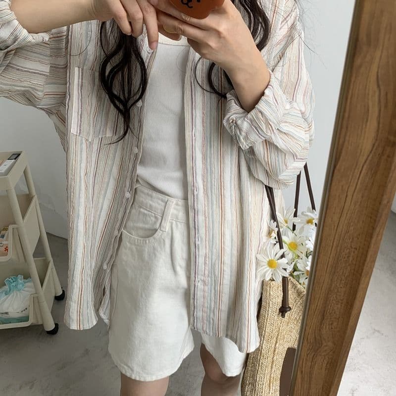 면 린넨 얇은 스트립 셔츠 느긋한 디자인 센스 다용도 긴팔 셔츠 상세 이미지 5