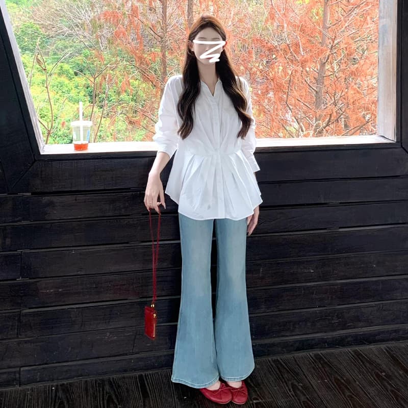 화이트 셔츠 재킷 여성 2025 새로운 봄 가을 고유 한 아름다운 작은 셔츠 긴팔 허리 수축 맨위